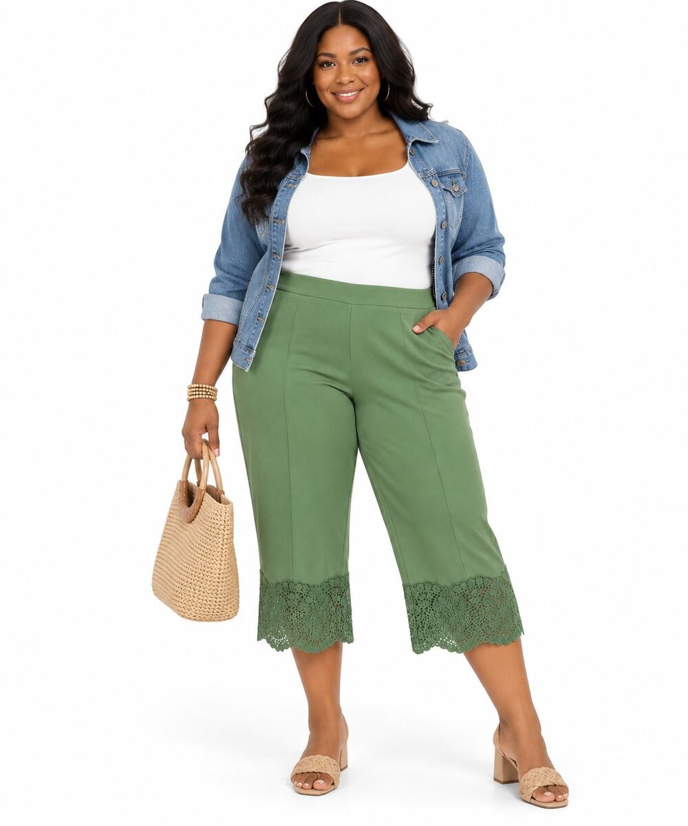Isaac Mizrahi Live Women’s 2X Sage Green Lace Hem Crop Pants Pull-On Capri